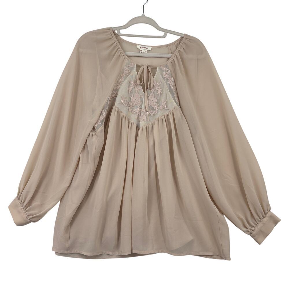 Sundance Sheer Peasant Blouse‎ Top and Cami Set Size L Blush Beige Floral Lace